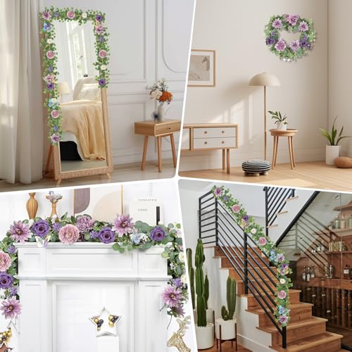 4 Pack 5.9 FT Artificial Flower Garland with Butterflies Fake Rose Garland Faux Greenery Eucalyptus Garlands for Wedding Table Backdrop Arch Centerpieces Decorations - Light Purple & Purple - color: Dusty Purple, size: 4 Pack