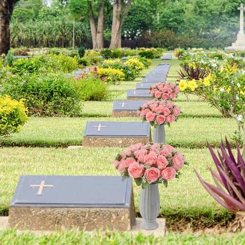 Pink Flowers for Cemetery - 18 Silk Memorial Rose for Grave Decorations | Memorial Remembrance Floral Decor for Mom Grandma Sister Female Loved Ones Headstone Graveyard Vase-Includes a Sympathy Card - color: Pink