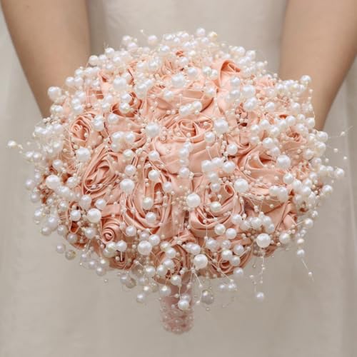 Bridal Wedding Bouquet Handmade with Luxury Pearl Lace Ribbon for Bride Bridesmaid Quinceanera Satin Rose Flower Bouquet Wedding Peach Pink 8.7in - color: Peach Pink, size: Large (DIA. 8.7"/22cm)