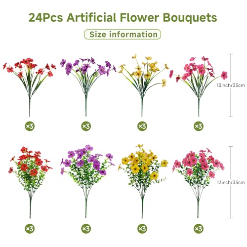 Alupssuc 24 Bundles Artificial Flowers for Outdoors Decoration, UV Resistant Silk Faux Daisy Flora Spring Fake Plastic Plants Greenery for Outside Indoor Yard Home Porch Window Box Decor, Mix 4 Colors - color: Red Rose Purple Yellow