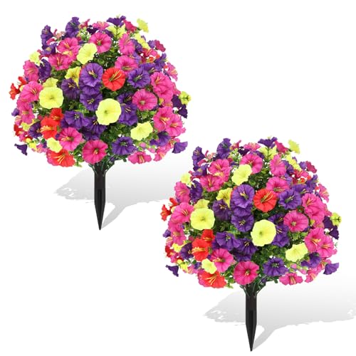 Artificial Boxwood Topiary Ball Trees with Ground Spikes UV Resistant Faux Greenery Shrubs Fake Shrubs for Outdoors, Realistic Faux Plants Bushes for Garden Porch Yard Patio Decor (Multi Flower) - color: Multi Flower