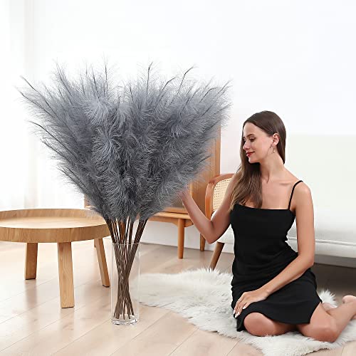 Wertuirk 8 Pcs 45 inch Tall Faux Pampas Grass Decor, Large Artificial Grey Pompous Grass Bulk, Long Fake Pompas for Floor Vase Filler, Wedding, Baby Shower, Home and Boho Decor (Grey) - color: Grey