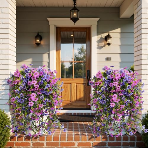 Artificial Hanging Flowers for Outdoor Decor, 6 Bundles UV Resistant Faux Silk Flowers, Fake Hanging Plants for Porch Patio Yard Planter Indoor Home Decoration(Blue, Purple) - color: Blue＆purple
