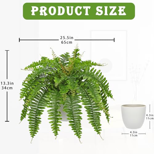 Hollyone Artificial Fern Plants in White Pot 25.5" Medium Artificial Boston Fern 31 Leaves for Outdoors & Indoor Faux Potted Plants Fake Ferns Bush Plant Patio Garden Farmhouse Porch Home Decor Green - color: White Pot - Green Medium