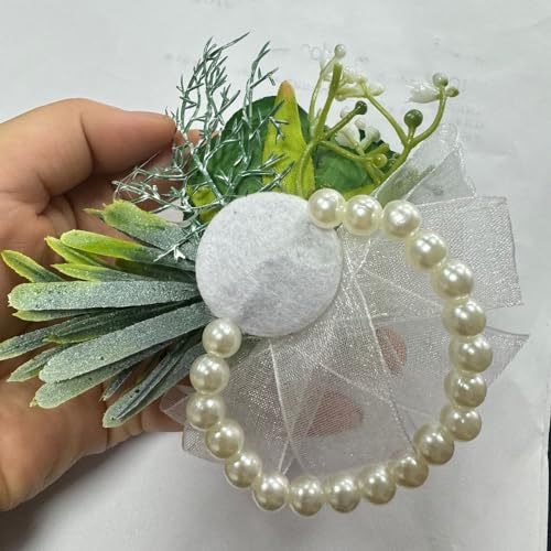 Rikyo Rose Wrist Corsage Wristlet Band and Men Boutonniere Set, Corsage for Prom, Bride Hand Flower, Wedding Flowers Ceremony, Wedding Party Prom Decor, Handmade Petals Hair Hat Wreath, Green - color: Green