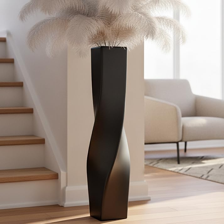 Tall Floor Vase 35.4" Matte Black, Resin Large Floor Vase Square Twisted Vases for Dried Pampas Grass Feathers Branches Fresh Flowers, Modern Home Decor for Living Room Corner Entryway - color: Black, size: 35.43 Inches