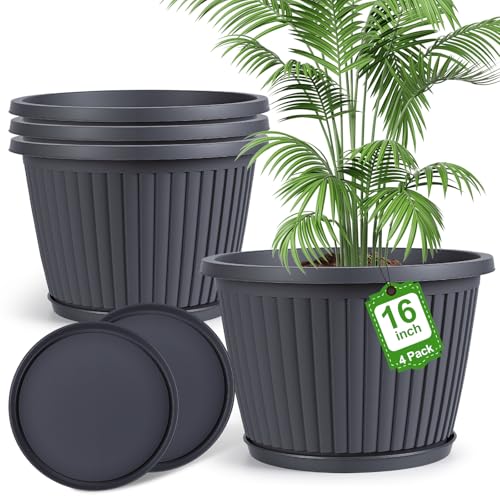 16-inch-Large-Planters-for-Outdoor-Plant，Plastic Indoor Flower Pots with Drainage Holes & Saucer，4 Packs Decorative Garden Pots for Plantfor Home Porch Decor - color: Gray, size: 16 inch-4 Pack