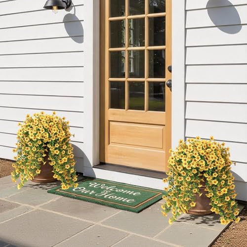 VIERENA 4 Bundles Artificial Hanging Morning Glory Flowers for Outdoor, Realistic Hanging Flowers Silk Fake Morning Glory with Faux Eucalyptus for Yard Garden Porch Patio Balcony Home Decor (Yellow) - color: Yellow