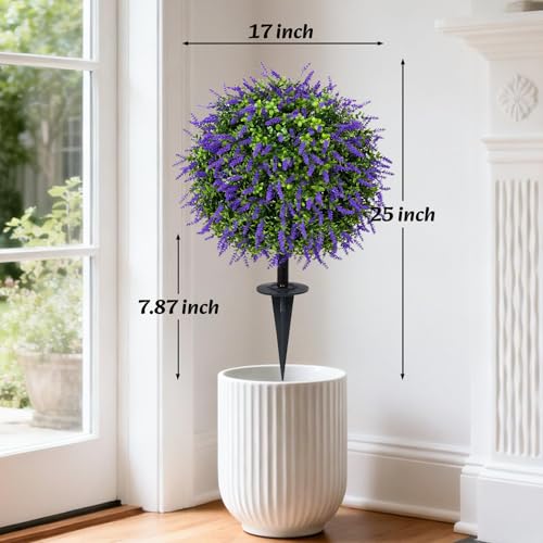 Bdor 25" Artificial Lavender Topiary Ball Trees with Ground Stake, Faux Potted Plants Purple Lavender Set of 2, Outdoor Fake Flower Bushes, UV Resistant for Home Lawn and Front Porch Garden Decor - style: Lavender