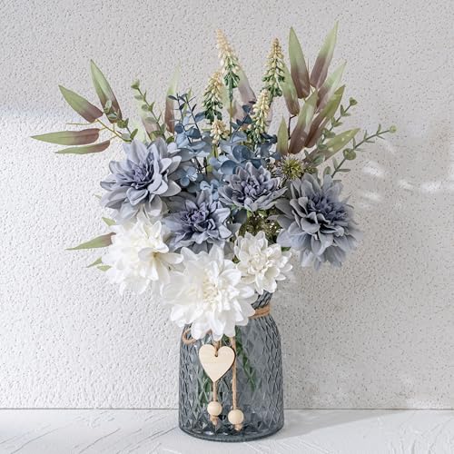 LUEUR Fake Flowers with Vase, Silk Roses Artificial Flowers in Vase Faux Flowers Arrangement Suitable for Home Kitchen Living Room, Fall Spring Decor for Office, Centerpiece Table Decorations - color: White-dahlia