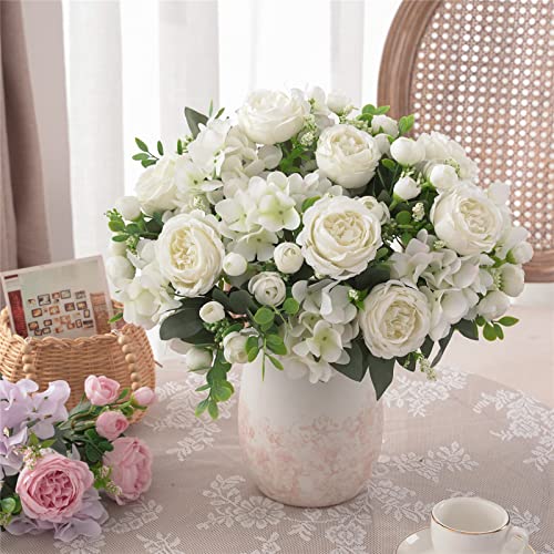 4 Bunches White Peonies Artificial Flowers for Decoration Faux Roses Fake Bouquet Arrangements Plastic Table Centerpiece Silk Flores for Vase Party Wedding Home Décor (White) - color: White