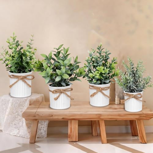 Yoratee 4 Potted Artificial Plants Metal Fake Potted Plant with Iron Pot Mini Greenery Decor Small Faux Plants for Indoor Farmhouse Home Porch Garden Bathroom Room Décor White - color: White