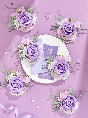 Serwalin 6 PCS Purple Wrist Corsage for Wedding, Corsages Wristlet for Bride Bridesmaid Mother Grandmother Girl, Artificial Flowers for Prom Ceremony Homecoming Anniversary - color: Purple, size: Corsage 6pcs