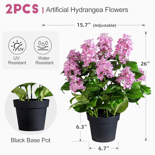 2 Pack Large Artificial Hydrangea Plants UV Resistant Fake Plastic plantas Flowers Trees Indoor Outdoor Realistic Floor Plants Faux Tree for Home Porch Garden Office Porch Patio Front Bonsai Decor - color: 9 Heads, size: 26 IN Pink