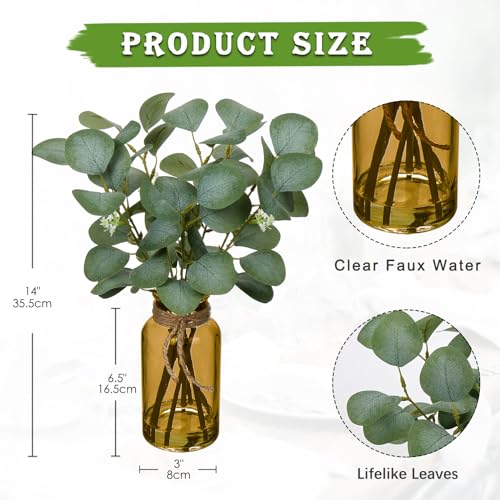 Briful Artificial Eucalyptus Stems in Amber Glass Vase with Faux Water, 14" Fake Plant Eucalyptus Leaves for Home Office Farmhouse Wedding Centerpiece Décor - color: Amber