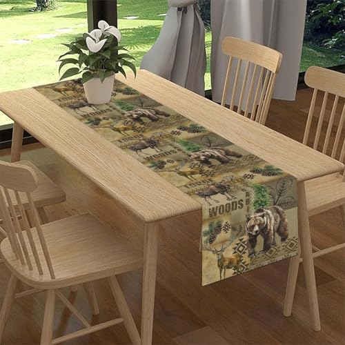 Rustic Cabin Table Runner, Farmhouse Deer Bear Retro Pine Forest Native Aztec Wild Animal Seasonal Coffee Table Center Decor for Home Kitchen Dining Patio Holiday Party Table Decorations 13x36 inches - color: Tr-rustic02, size: 13x36" Table Runner