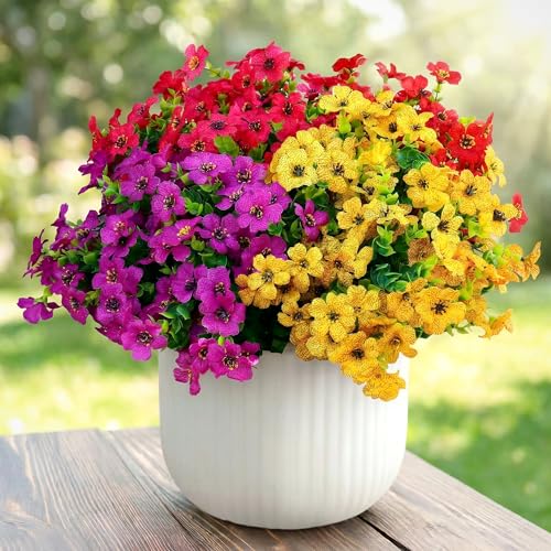 16 Bundles Artificial Flowers for Outdoors, Faux Plants Flowers, Silk Colorful Fake Flowers Eucalyptus Realistic UV Resistant for Outdoors Home Planter Porch Patio Yard Decor (16, Mixed 4 Colors) - color: Mixed 4 Colors