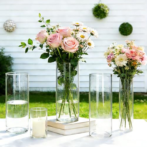 Glass Cylinder Vase,10 Pack Glass Flower Vases,Hurricane Floating Candle Vases for Centerpieces Tables,Tall Cylinder Clear Vase for Centerpieces Wedding Party Home Décor - size: Smooth Set-10PCS