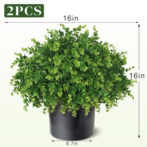 2 Set Soft Textured Artificial Eucalyptus Topiary Trees for Outdoor Decor - 16" Faux Eucalyptus Potted Plant, Fake Greenery Shrubs in Black Pot for Front Door Porch Farmhouse Shower Home Decor