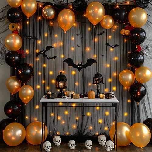 10ft x 10ft Black Backdrop Curtain with Lights String for Parties, Sheer Tulle Wedding Photo Backdrops Drapes for Baby Shower Birthday Party Decorations Background for Photography - color: Black, size: W5' x H10'(2 panels)