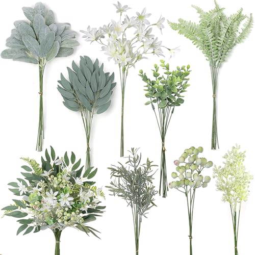 FOTEEWL 70 Pcs Artificial Greenery Stems Box Set,with 8 Kinds of Faux Plants and Fake Flowers for DIY Bridal Bouquets Wedding Floral Arrangement Table Centerpieces Decoration (Sage Green & White) - color: Sage Green & White