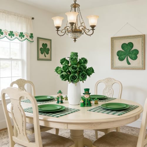 12Pcs Realistic Fake Roses Faux Flowers with Long Stems, Artificial Silk Rose Flowers for Valentines Day Home Wedding Decor Bridal Bouquet (Green) - color: Green