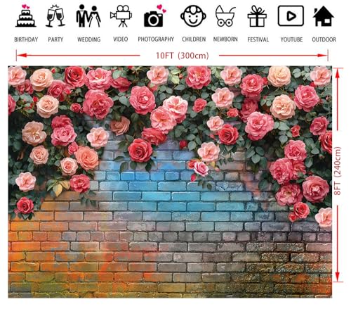10x8FT Pink Rose Flower Backdrop Colorful Brick Wall Flowers Backdrops Wedding Birthday Party Baby Showers Decorations Background D771 - size: 10x8ft