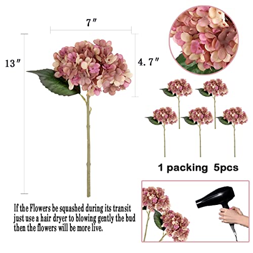 5Pcs Artificial Fake Flowers Plants Silk Hydrangea 1 Flower Head Arrangements Wedding Bouquets Decorations Plastic Floral Table Centerpieces Home Kitchen Garden (Dusty Pink) - color: Dusty Pink&green