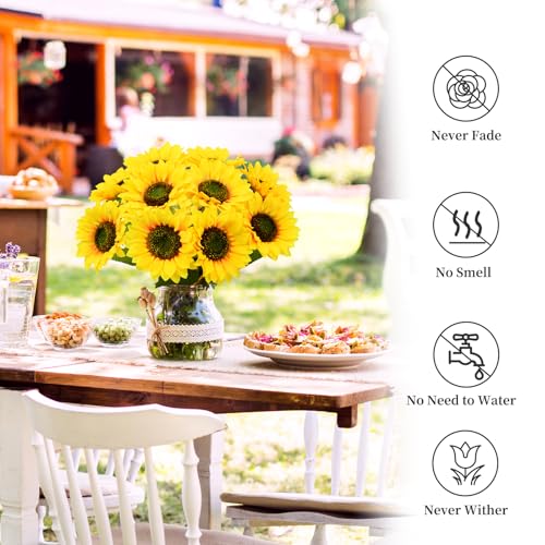 10 Pcs Artificial Sunflowers, Sunflowers Artificial Flowers with Stems, Faux Silk Huge Fake Flower Bouquet for Vase Decor Wedding Table Home Porch Indoor Outdoor Cemetery Decoration (Yellow, 6-Inch) - size: 6-Inch