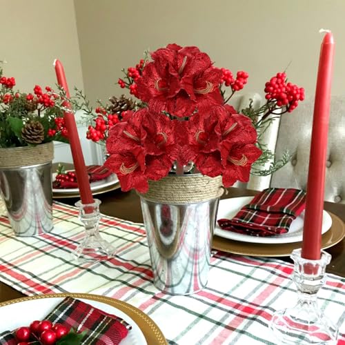 Briful Amaryllis Artificial Christmas Flower Stems, 19.7" Red Glitter Faux Amaryllis with Detachable Heads for Xmas Home Party Wedding Bouquet Vase Arrangement Decor - color: Red