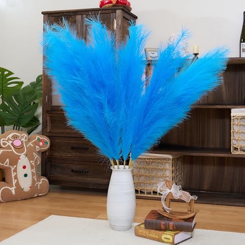 Premium Faux Navy Blue & Sky Blue Pampas Grass Decor – 43.3″8pcs Tall Fluffy Dual-Tone Feather Flowers, No Assembly 18-Branch One-Piece Stems for Coastal Boho Wedding & Modern Home Decor (8pcs 110cm) - color: Faux Navy Blue, size: 8pcs 43.3"(110cm)