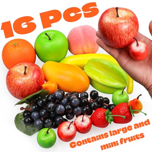 Lorigun 12 Kinds of Artificial Fruits Pack, 12 Different Fruits in One Set, Fake Fruits for Home Decor, Simulation Fruit Set, Party Chirstmas Decortion, Fruit Modle for Photoshoot Total 16 Pcs - color: 16 Pcs Fake Fruit Set-2