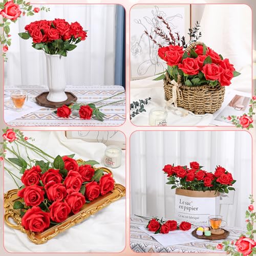 24 Pcs Red Rose Artificial Flowers with Long Stem Real Touch Silk Plastic Bouquet Red Roses Bulk for Wedding Party Table Centerpieces Festival Decorations - color: Red