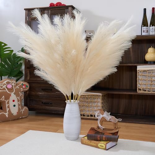 Premium Faux Beige Pampas Grass Decor – Cream Pampa 43.3″ 8pcsTall Fluffy Feather Flowers, No Assembly 18-Branch One-Piece Stems for Floor Vase, Boho Wedding & Neutral Home Decor (8pcs 110cm) - color: Faux Beige, size: 8pcs 43.3"(110cm)