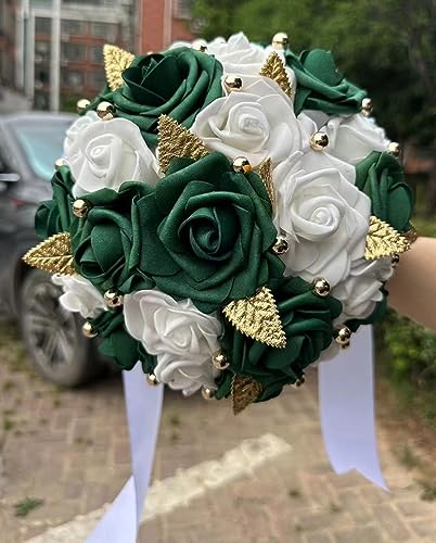 Handmade Wedding Bouquet Artificial PE Rose Bridal Bridesmaid Bouquet with Soft Ribbons Wedding Hand Holding Bouquet Artificial Fake Flowers Toss Bouquet(A-Emerald Green & White, 7.9"/20cm) - color: A-emerald Green & White, size: 7.9"/20cm