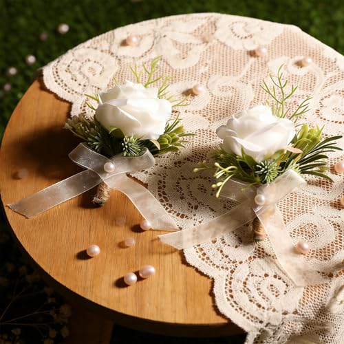 Garisey 2pcs White Rose Boutonniere for Men Artificial Rose Flower for Wedding Flowers Ceremony Prom Flower (2 Boutonniere) - color: 2 Boutonniere