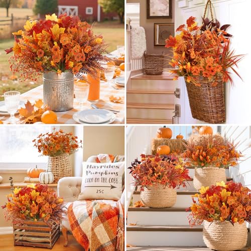 Ouddy Decor 24 Bundles Artificial Fall Flowers for Decorations, Fake Mums Fall Decorations Outdoor UV Resistant Plastic Flowers for Indoor Outside Autumn Thanksgiving Garden Yard Window Box Home Decor - color: Orange Red