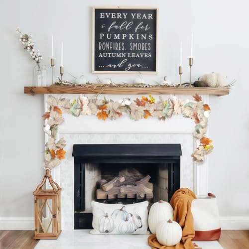 Fall Garland with Pumpkins and Berries – 6ft Artificial Maple Leaf Garland with Cream and Orange Leaves for Thanksgiving, Fireplace, Front Door, Farmhouse Autumn Decorations - color: Orange