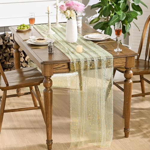 Artoid Mode Sage Green Gold Gauze Table Runner 120 Inch 10FT, Glitter Metallic Foil Sheer Dining Wedding Anniversary Holiday Birthday Table Decor for Home Party - color: Sage Green, size: 28" x 120"