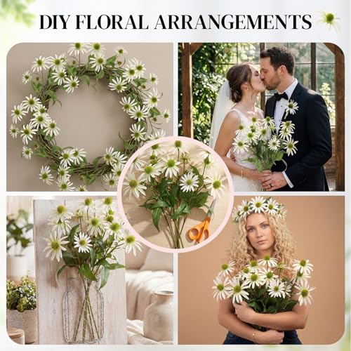 Knitgrip White 4 Pcs Artificial Coneflowers Stems 29 Inch Faux Echinacea Flowers Branch Realistic Farmhouse Fake Sunflower Floral Bouquet for Home Centerpiece Arrangement Indoor Outdoor Decor - color: White