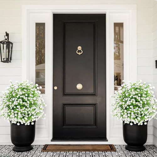 ENVEN Artificial Boxwood Topiary Ball Trees with Ground Spikes UV Resistant Faux Greenery Shrubs Fake Shrubs for Outdoors, Realistic Faux Plants Bushes for Garden Porch Yard Patio Decor (White Green) - color: White Green