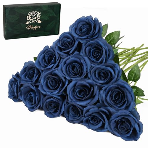 Waipfaru 16 Pcs Blue Roses Artificial Flowers, Long Stem Fake Roses, Silk Faux Flowers for Valentines Wedding Bouquet Vase Centerpiece Home Decor (Navy Blue) - color: Navy Blue, size: 16 Pcs