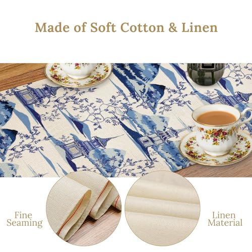 Vintage Ink Table Runner, Beautiful Chinese Pagodas Mountains Trees Chinoiserie Table Runner for Home Kitchen Dining Cafe Party Holiday 13x36in - color: Aisa-11, size: 13x36in