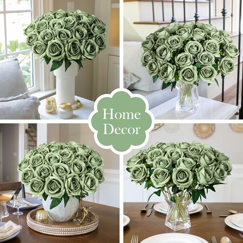50 PCS Green Roses Artificial Flowers, Real Looking Fake Roses with Long Stems Silk Flowers for DIY Wedding Bouquet Party Celebration Home Bridal Baby Shower Decoration Birthday Gift for Her Wife - color: Eif Green