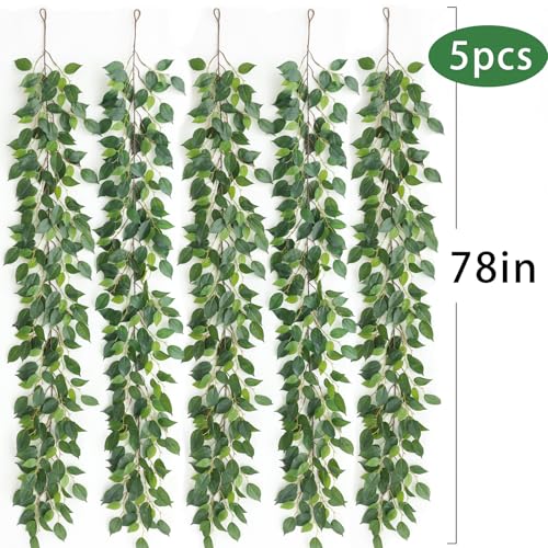 mizii 5 Packs 390" Artificial Vines Ficus Garland Fake Vine Silk Green Leaves Faux Plants Greenery Decoration for Bedroom Room Wall Party Table Centerpieces Wedding Arch Decor - color: Ficus