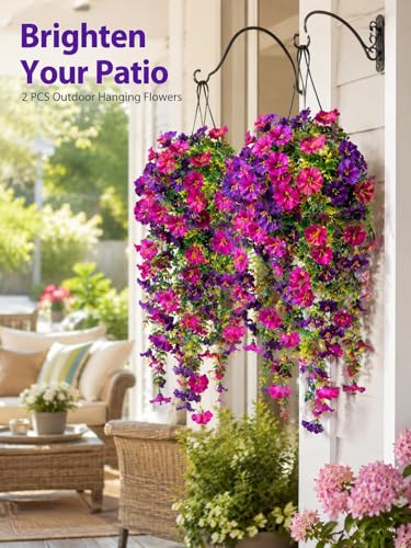 2pcs Outdoor Artificial Morning Glory Hanging Flowers for Outdoors Garden, Patio, Balcony, Farmhouse Decor - Valentine’s Day, Christmas, Easter, Thanksgiving, Halloween