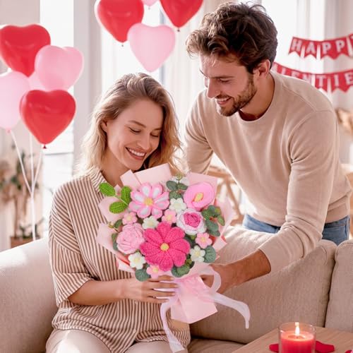 RICHMYC Crochet Flower Bouquet, 10.6 in Pink Handmade Crochet Bouquet Knitted Flowers Roses Tulip Flower, Mother’s Day Personalized Gifts for Birthday Anniversary Mom Women Wife Lover