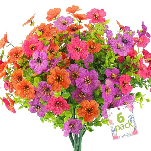 ATTGREAT Artificial Spring Flowers for Outdoors Faux Plants UV Resistant Realistic Fake Flowers Outside for Garden Planter Porch Home Decor, 6 Bundles (Multicolor) - color: 3 Multicolor, size: 6Pcs