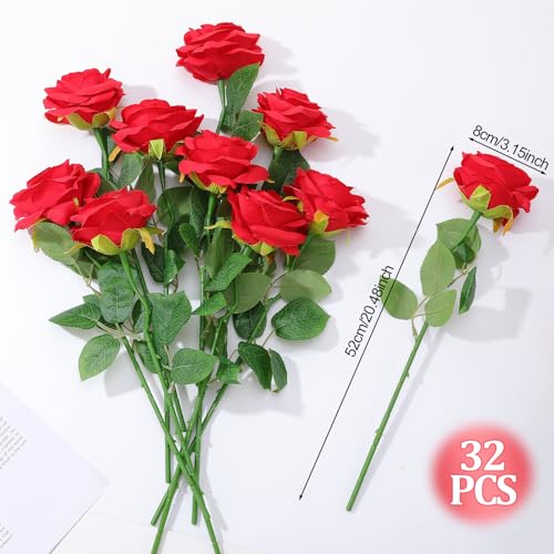 32 Pcs Red Artificial Flowers Roses Fake, Silk Flowers with Stems for DIY Wedding Gothic Bridal Shower Centerpieces Arrangements Tables Decorations - color: Red