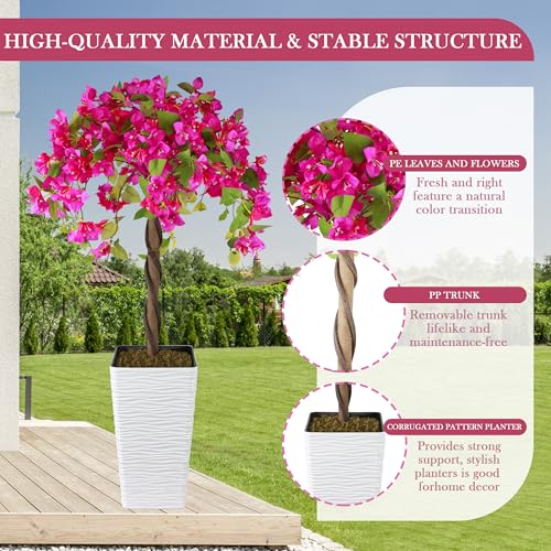 Artificial Bougainvillea Tree 4FT, Fake Silk Floral Tree with White Planter, Decorative Topiary Plant, Potted Faux Flower Tree for Home Porch Decor Indoor Outdoor - color: Rose Red, size: 4ft